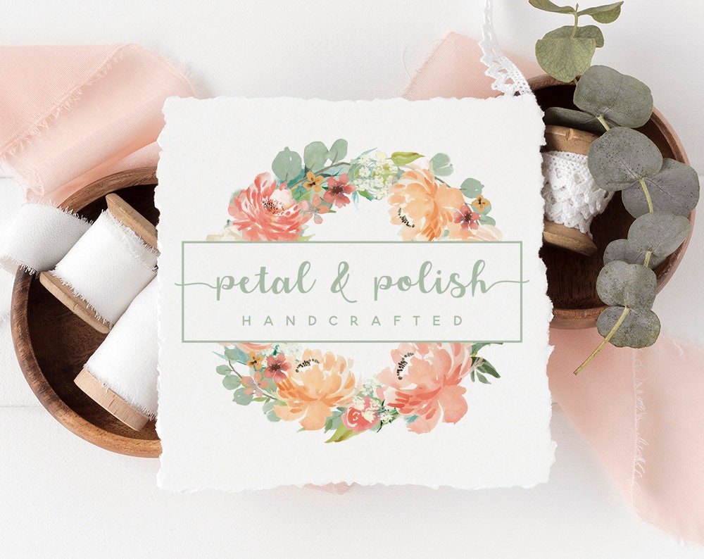 Petal & Polish | Premade Logo Design | Watercolor Floral, Farmhouse, Wreath, Shabby Chic