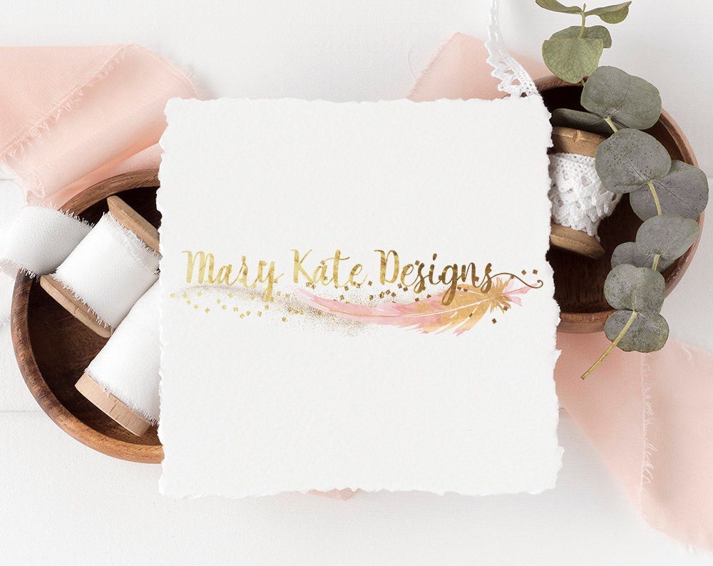 Mary Kate Designs | Premade Logo Design | Feather, Gold Foil, Glitter, Magical