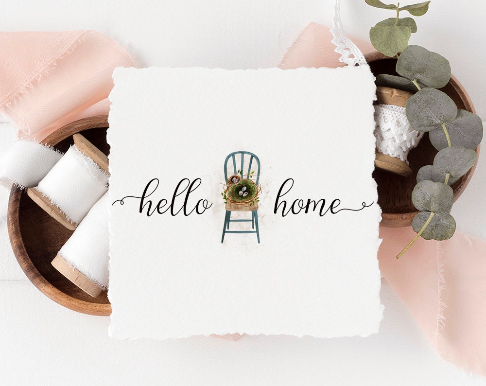 Hello Home | Premade Logo Design | Chair, Bird Nest, Farmhouse, Decor