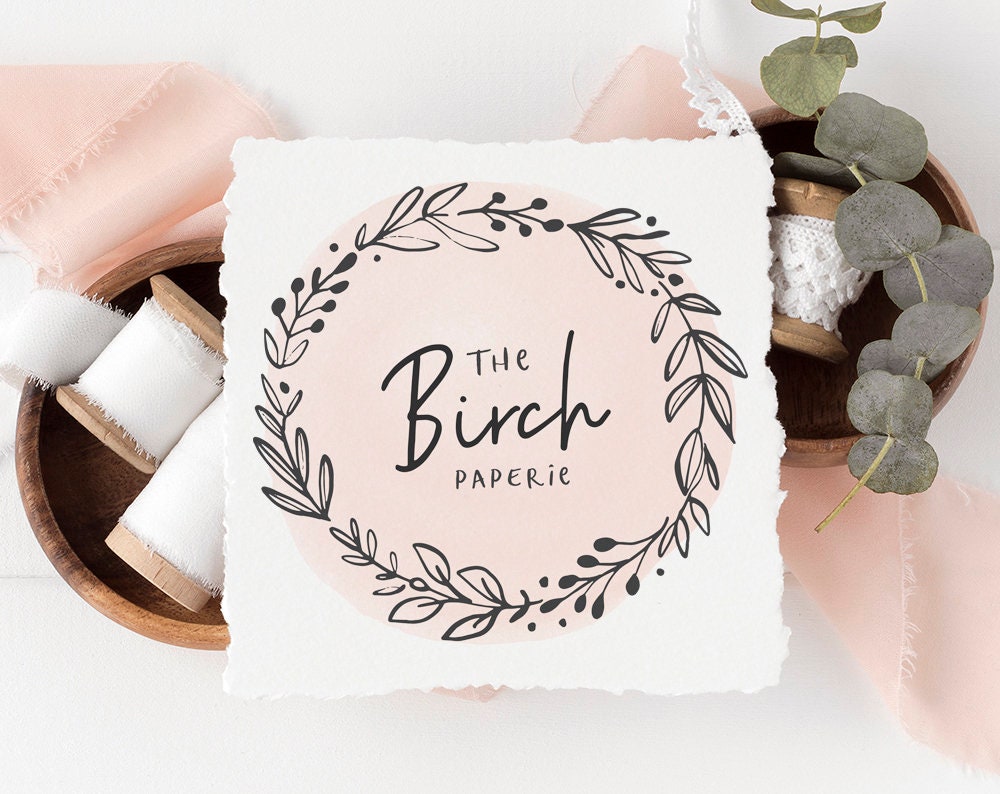 The Birch Paperie | Premade Logo Design | Watercolor, Farmhouse, Wreath, Hand Drawn