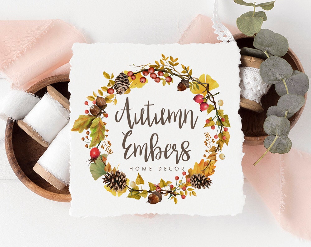 Autumn Embers | Premade Logo Design | Fall, Rustic, Wreath, Pinecone, Acorn