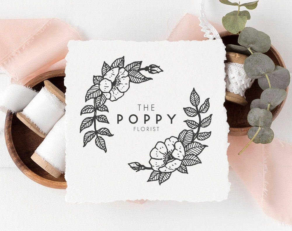 The Poppy Florist | Premade Logo Design | Floral, Hand Drawn, Wreath, Minimal