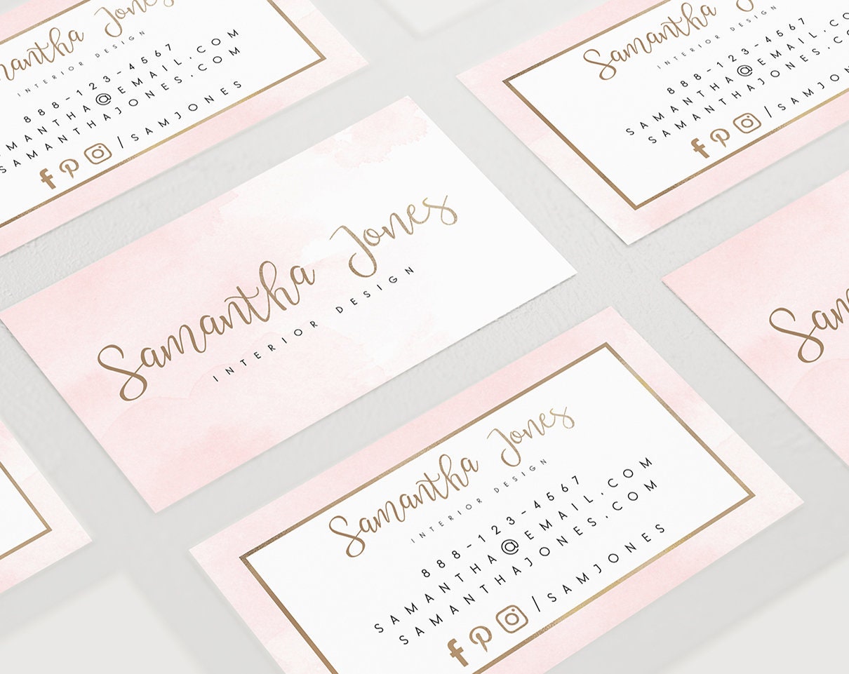 Samantha Jones | Premade Business Card Design | Pink Watercolor, Rose Gold