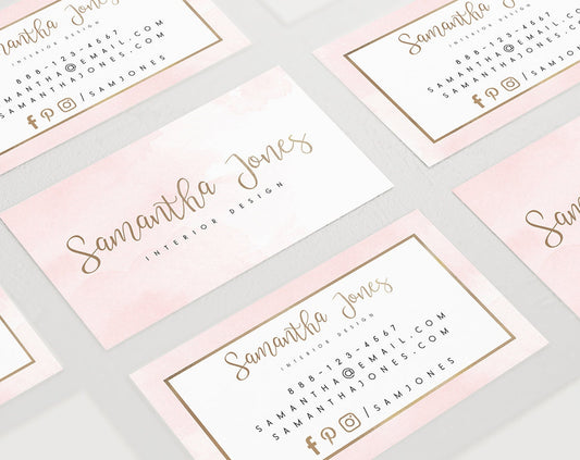 Samantha Jones | Premade Business Card Design | Pink Watercolor, Rose Gold