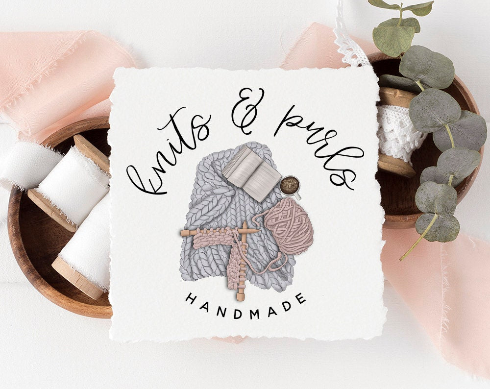 Knits & Purls | Premade Logo Design | Crochet, Blanket, Yarn, Book, Coffee