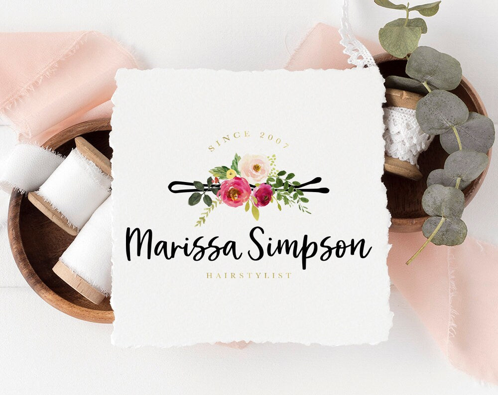 Marissa Simpson | Premade Logo Design | Watercolor Floral, Bobby Pin, Hair Clip