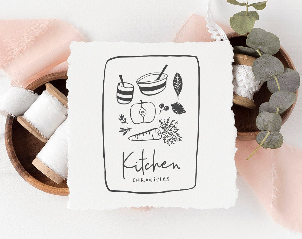 Kitchen Chronicles | Premade Logo Design | Bowl, Cup, Vegetable, Fruit, Hand Drawn