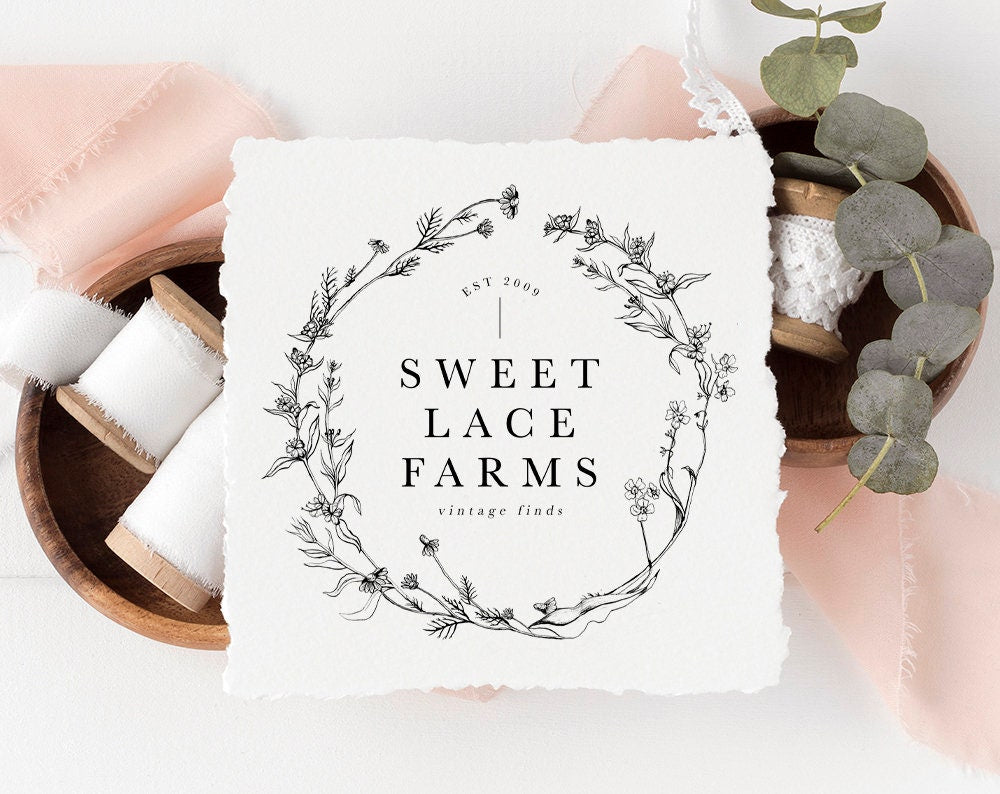 Sweet Lace Farms | Premade Logo Design | Botanical, Rustic, Romantic, Wreath