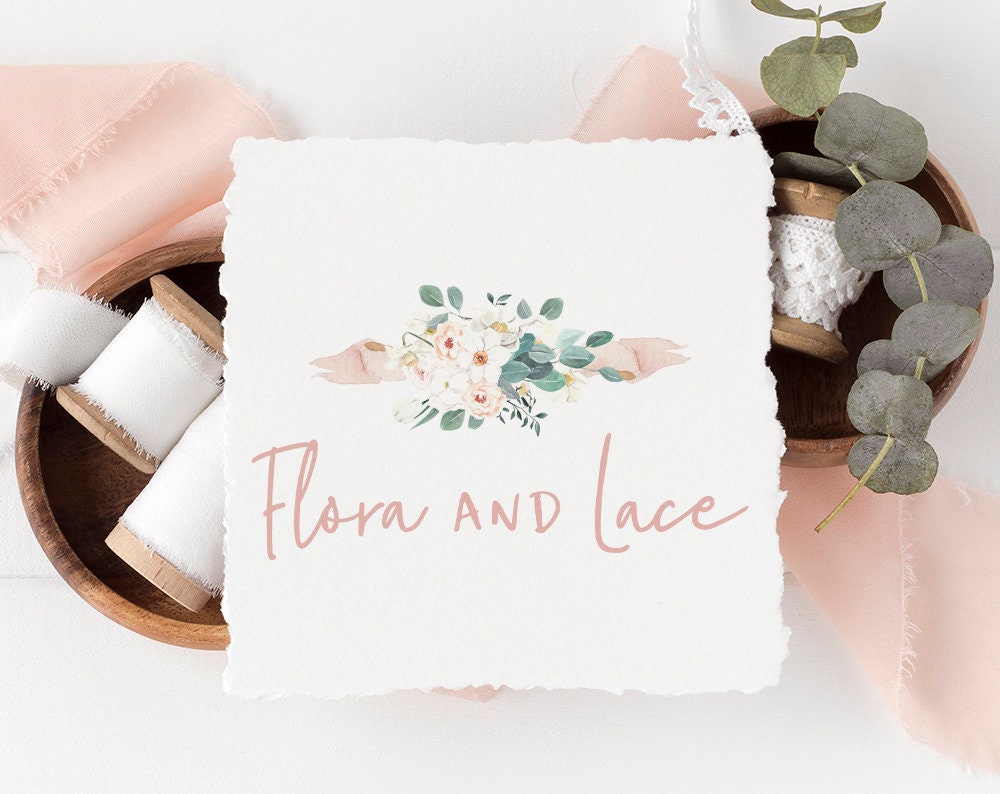 Flora and Lace | Premade Logo Design | Watercolor Floral, Pastel, Ribbon, Farmhouse