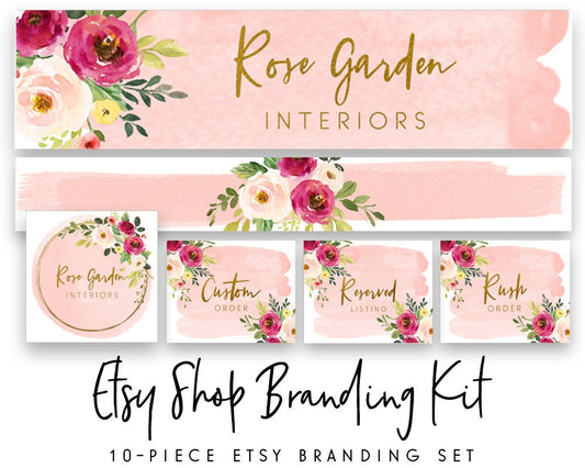 Rose Garden | Etsy Shop Branding Kit | Watercolor Floral, Girly, Farmhouse
