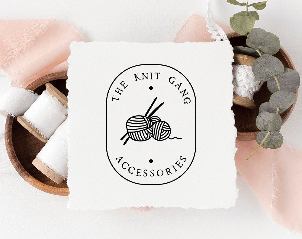 The Knit Gang | Premade Logo Design | Knitting Needles, Yarn, Oval Tag, Hand Drawn