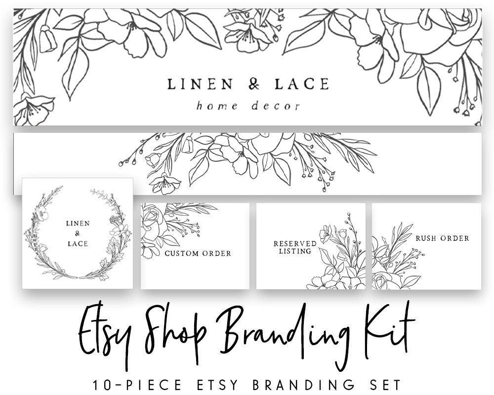 Linen & Lace | Etsy Shop Branding Kit | Farmhouse, Rustic, Line Art, Minimal