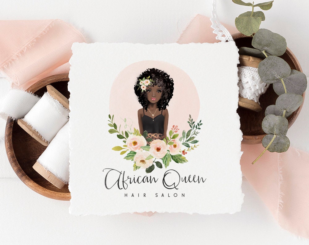 African Queen | Premade Logo Design | Black Girl, Woman, Natural Hair, Afro, Floral