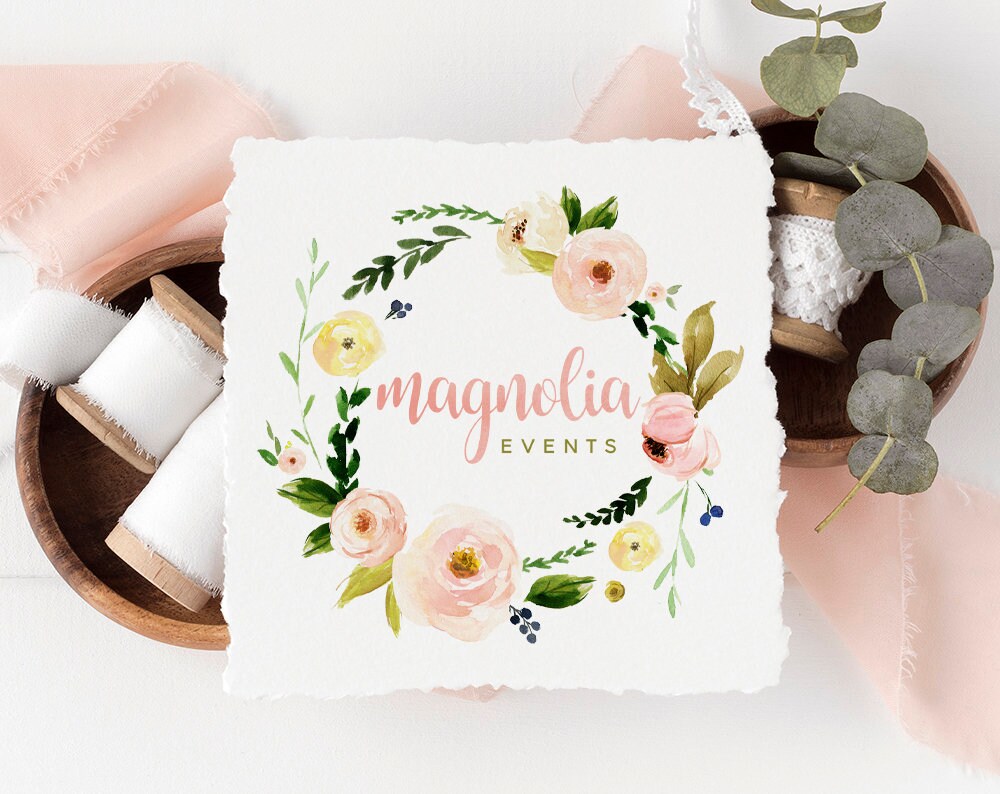 Magnolia Events | Premade Logo Design | Watercolor Floral, Wreath, Wedding, Florist