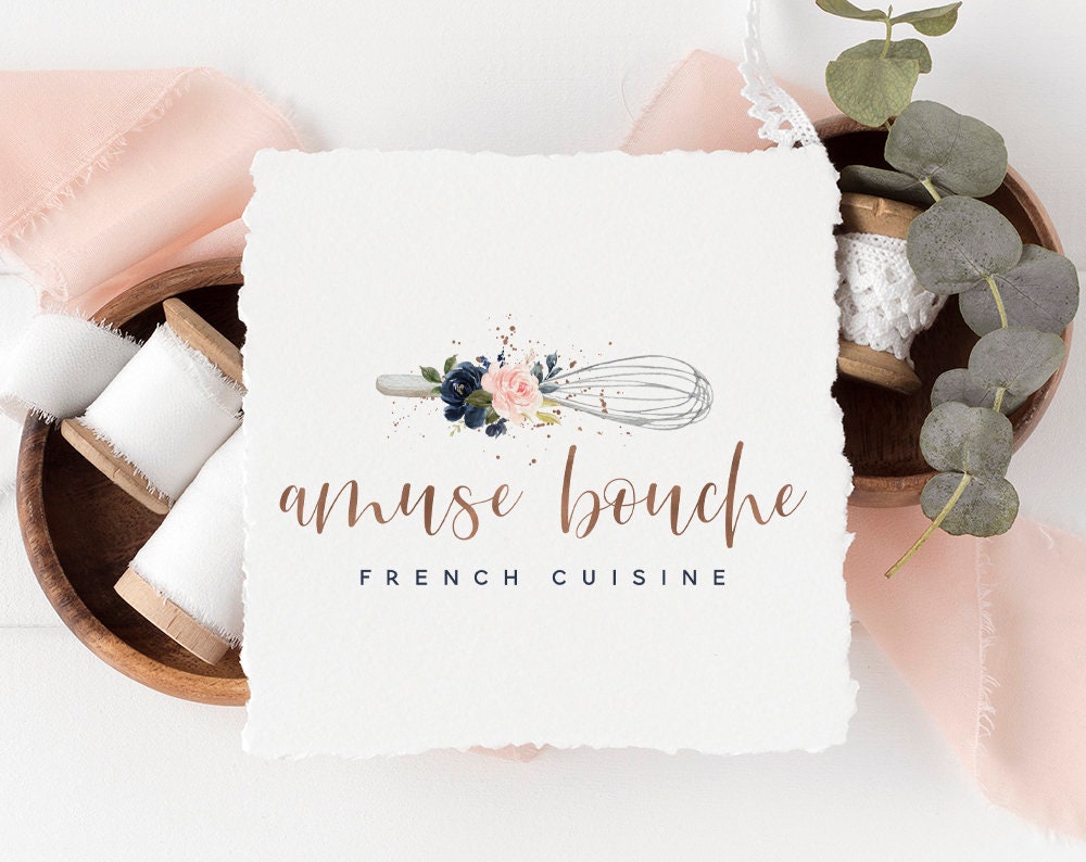 Amuse Bouche | Premade Logo Design | Whisk, Roses, Baking, Cooking, Farmhouse