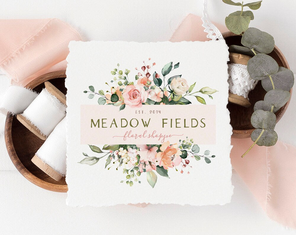 Meadow Fields | Premade Logo Design | Floral Frame, Wreath, Shabby Chic, Farmhouse