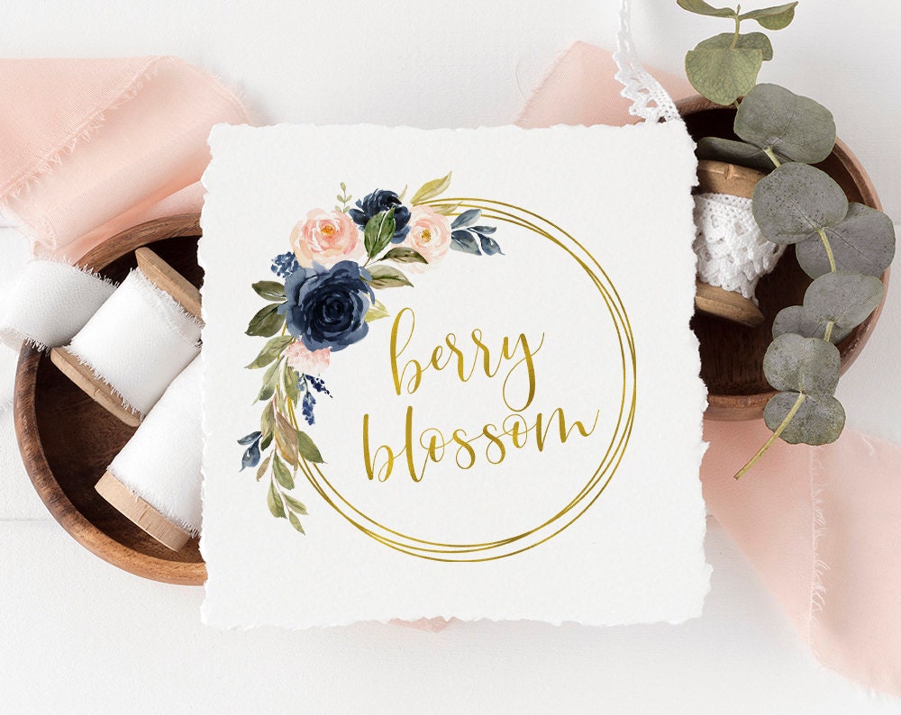 Berry Blossom | Premade Logo Design | Floral, Blue Rose, Botanical, Gold Foil, Garden