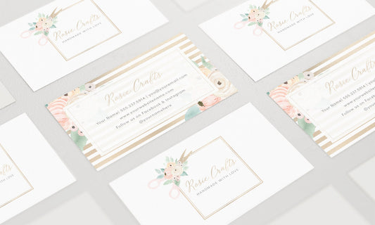 Rosie Krafts | Premade Business Card Design | Pastel, Gold Frame, Scissors, Floral
