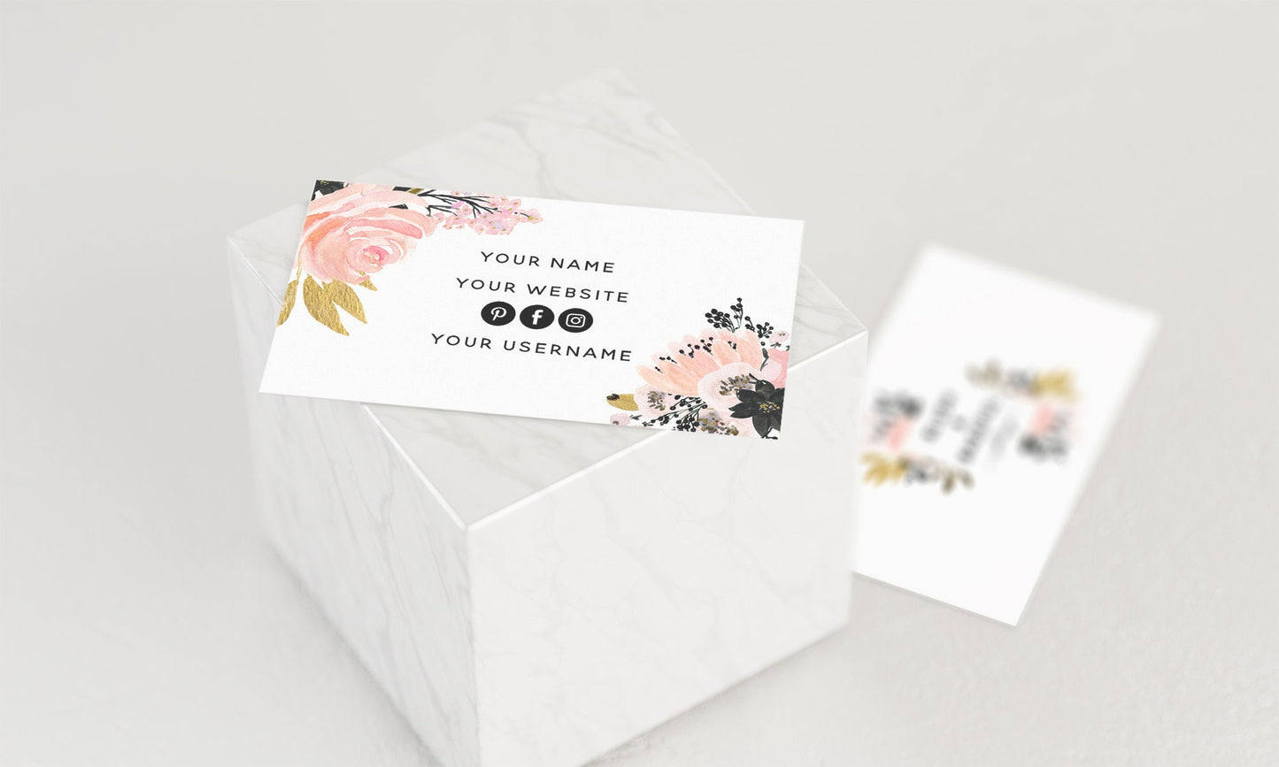 Blush & Bashful | Premade Business Card Design | Floral Frame, Pink Rose, Black Flower