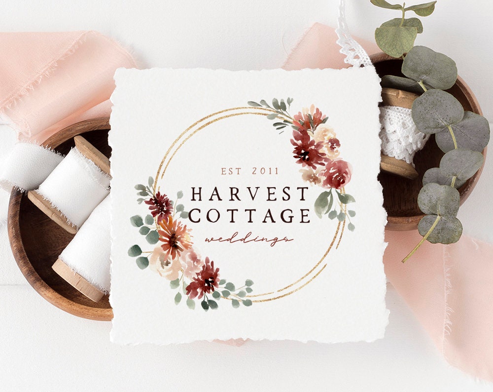 Harvest Cottage | Premade Logo Design | Autumn, Floral Bouquet, Gold Foil