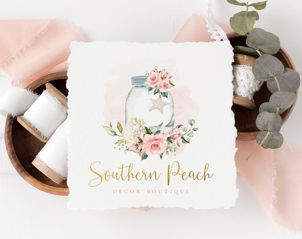 Southern Peach | Premade Logo Design | Mason Jar, Floral, Farmhouse, Shabby Chic