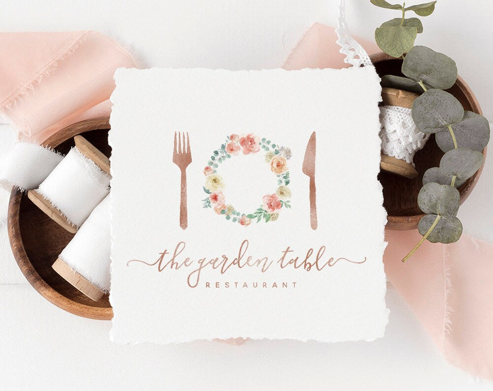 The Garden Table | Premade Logo Design | Floral, Rose Gold, Plate, Fork, Knife, Dining