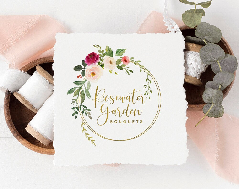 Rosewater Garden | Premade Logo Design | Watercolor Floral, Rose, Botanical, Gold Foil