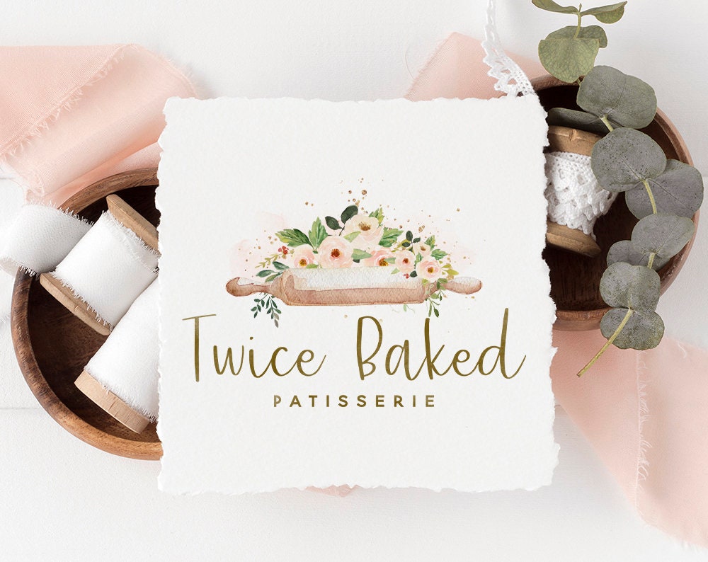 Twice Baked | Premade Logo Design | Rolling Pin, Floral, Farmhouse, Kitchen, Bakery