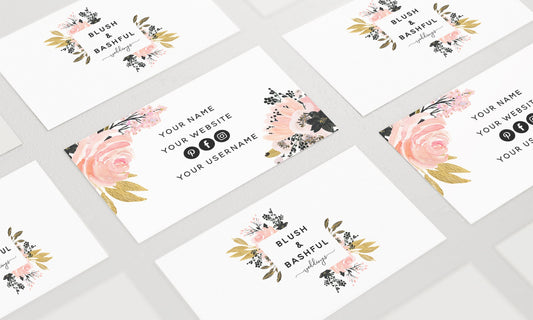 Blush & Bashful | Premade Business Card Design | Floral Frame, Pink Rose, Black Flower