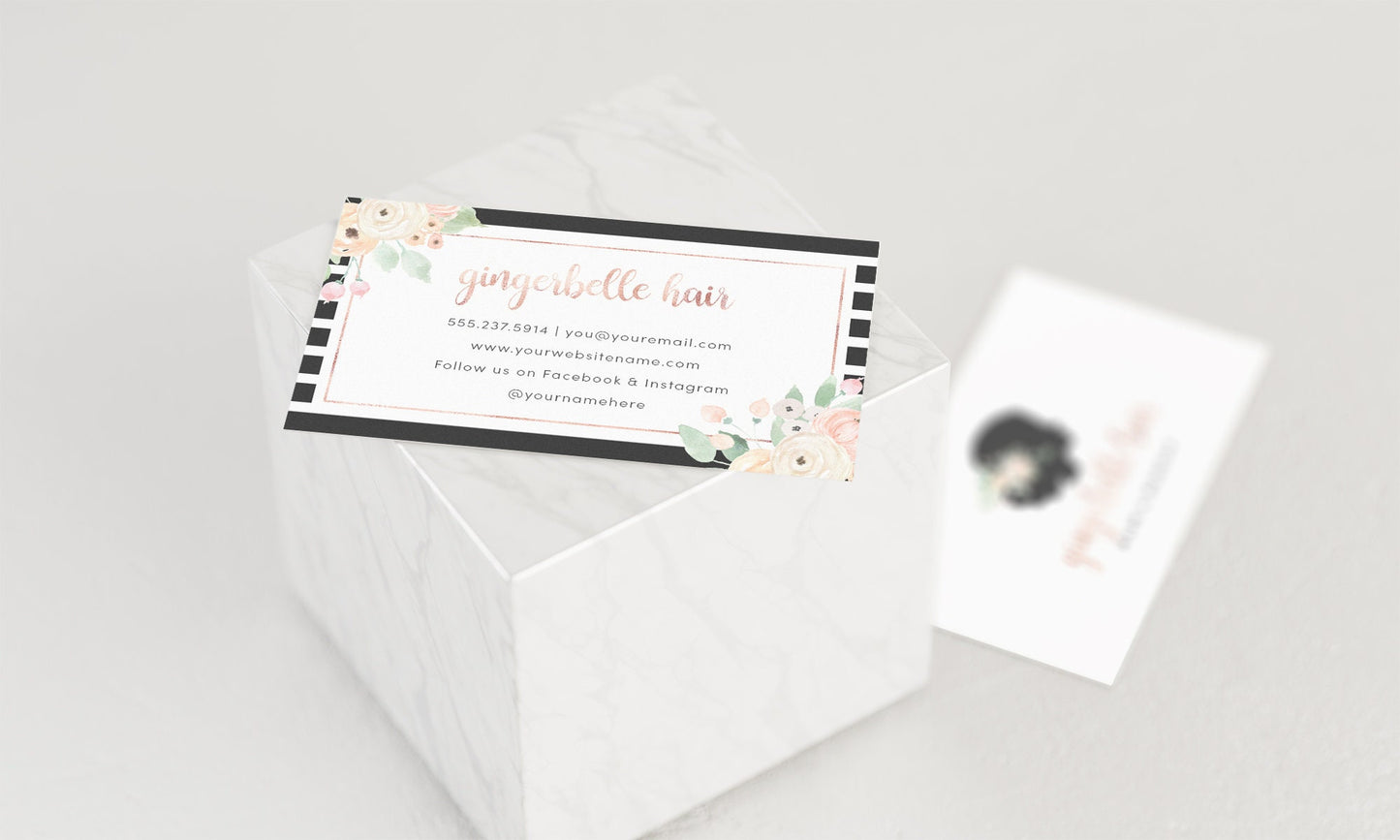 Gingerbelle Hair | Premade Business Card Design | Girl Silhouette, Floral, Pastel