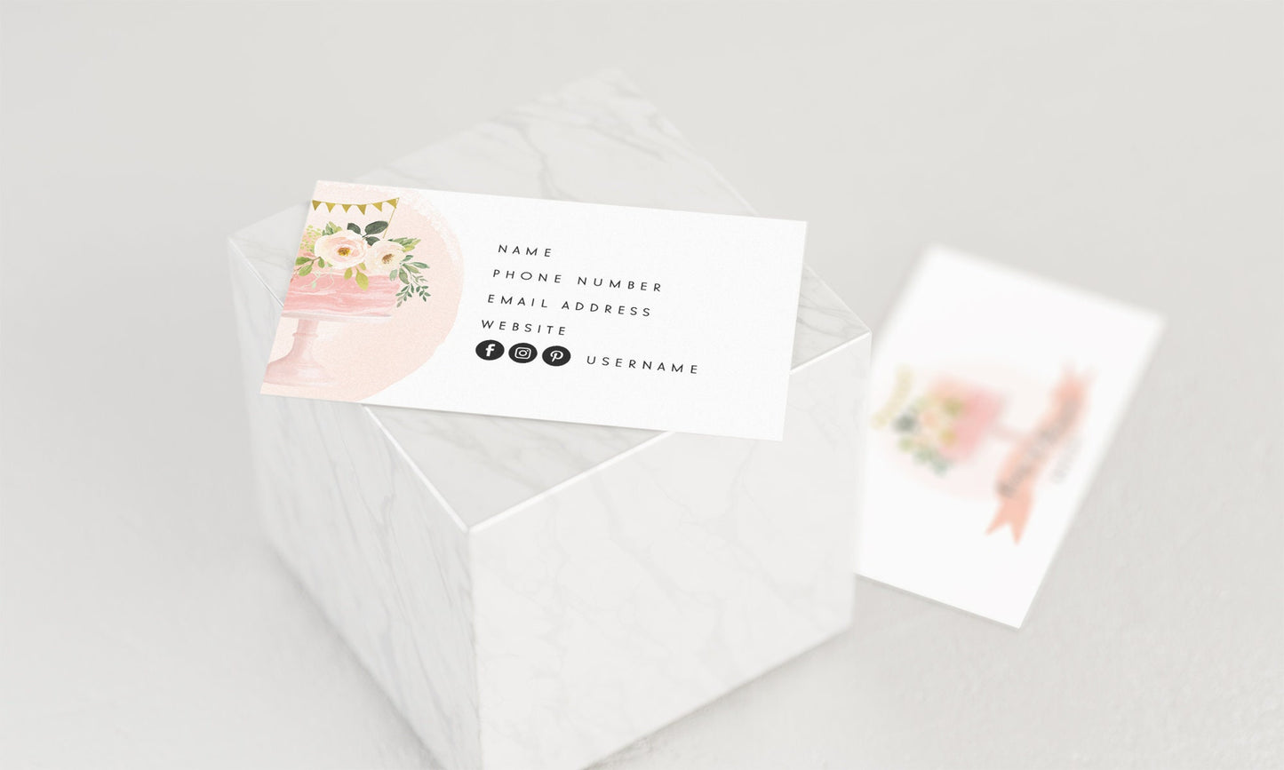 Peony & Blossoms | Premade Business Card Design | Pink Cake, Floral, Bakery