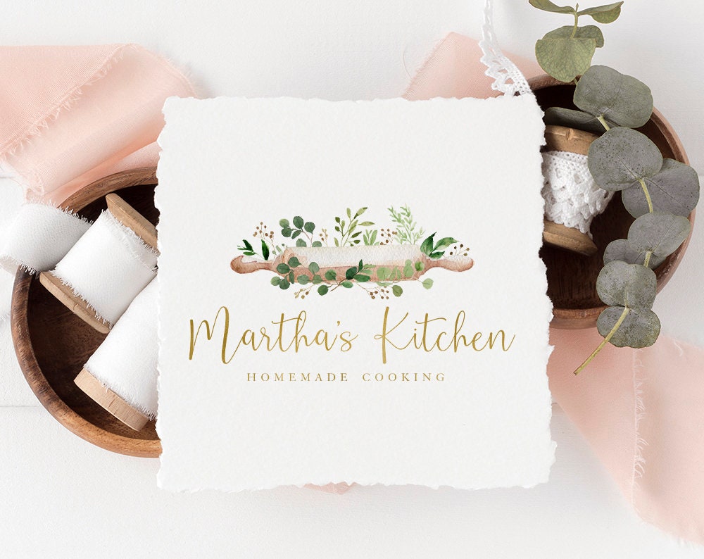 Martha's Kitchen | Premade Logo Design | Rolling Pin, Baking, Bakery, Greenery