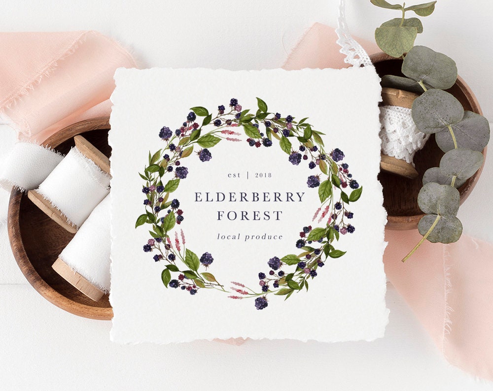 Elderberry Forest | Premade Logo Design | Berry, Watercolor Floral, Wreath