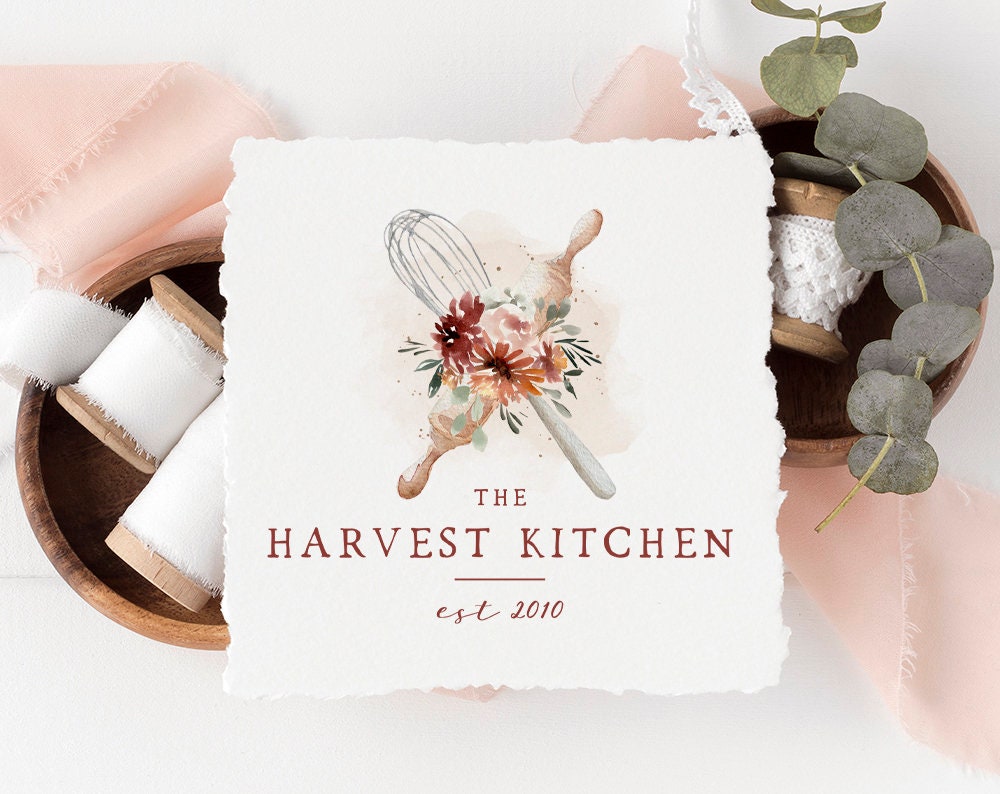 The Harvest Kitchen | Premade Logo Design | Whisk, Rolling Pin, Floral, Autumn, Farmhouse