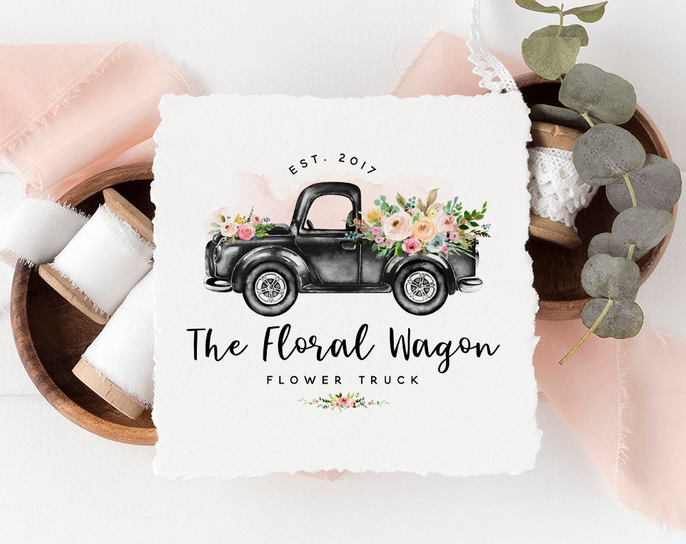 The Floral Wagon | Premade Logo Design | Flower Truck, Vintage Truck, Florist