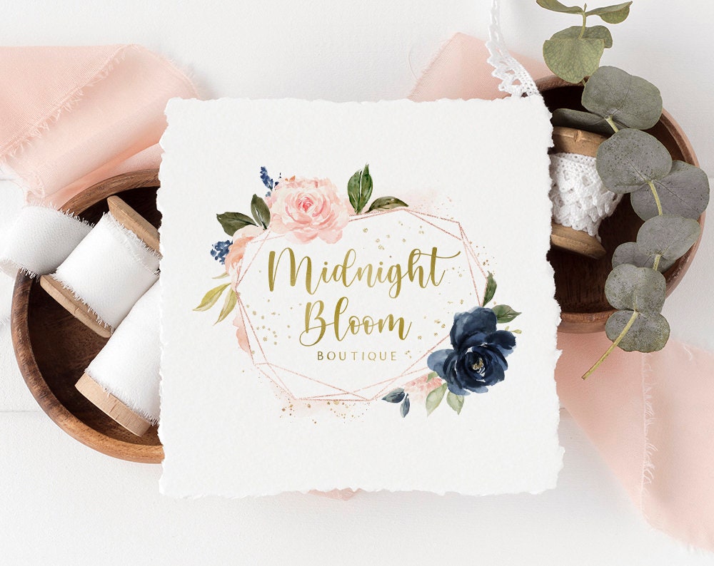 Midnight Bloom | Premade Logo Design | Watercolor Roses, Gold Foil, Geometric, Floral