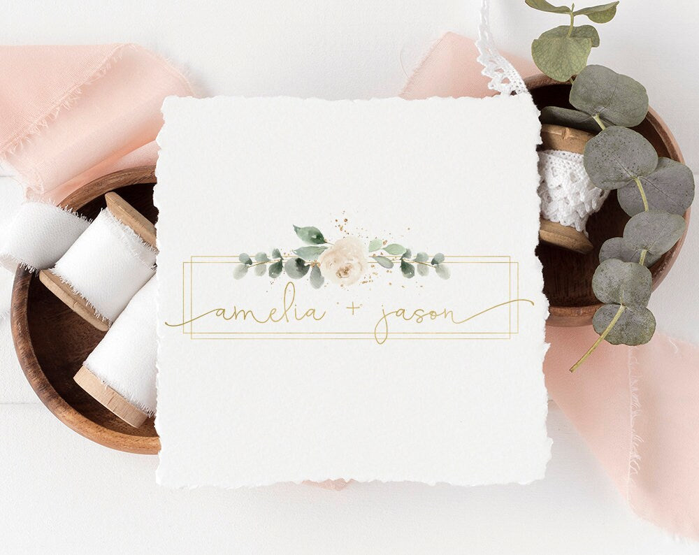 Amelia + Jason | Premade Logo Design | Floral, Wedding, White Rose, Gold Frame