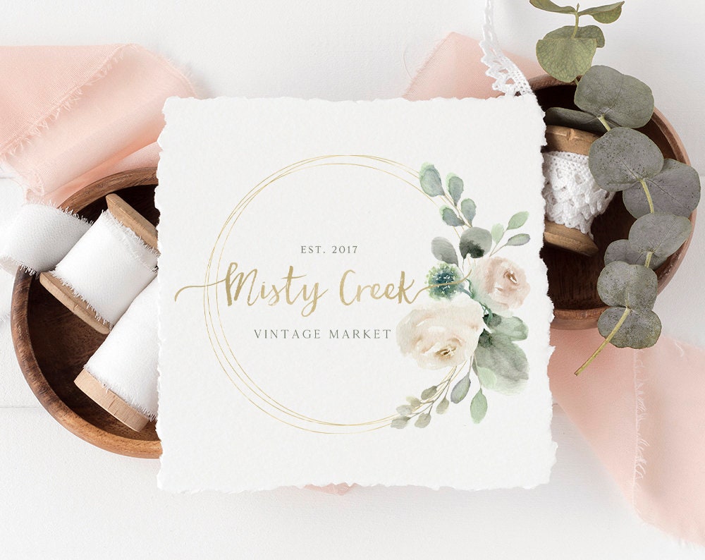 Misty Creek | Premade Logo Design | White Rose, Eucalyptus, Gold Frame, Florist