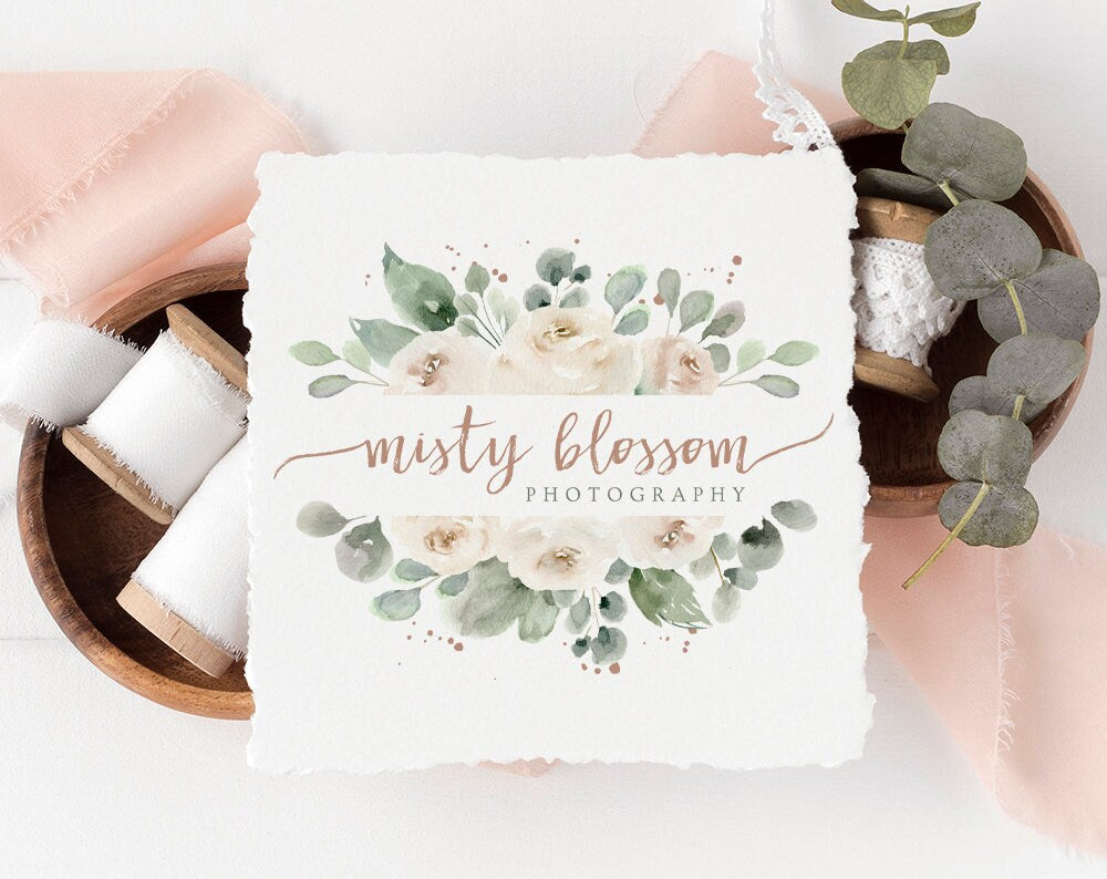 Misty Blossom | Premade Logo Design | White Roses, Farmhouse, Floral, Shabby Chic