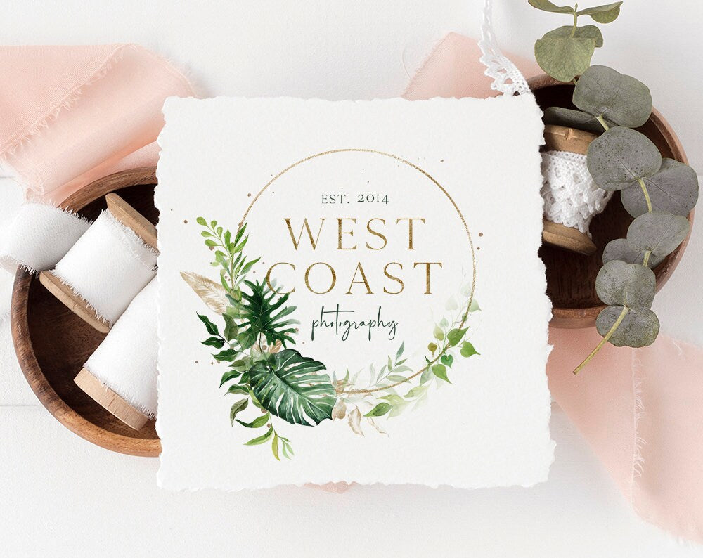 West Coast | Premade Logo Design | Wreath, Palm Frond, Greenery, Art Deco, Botanical