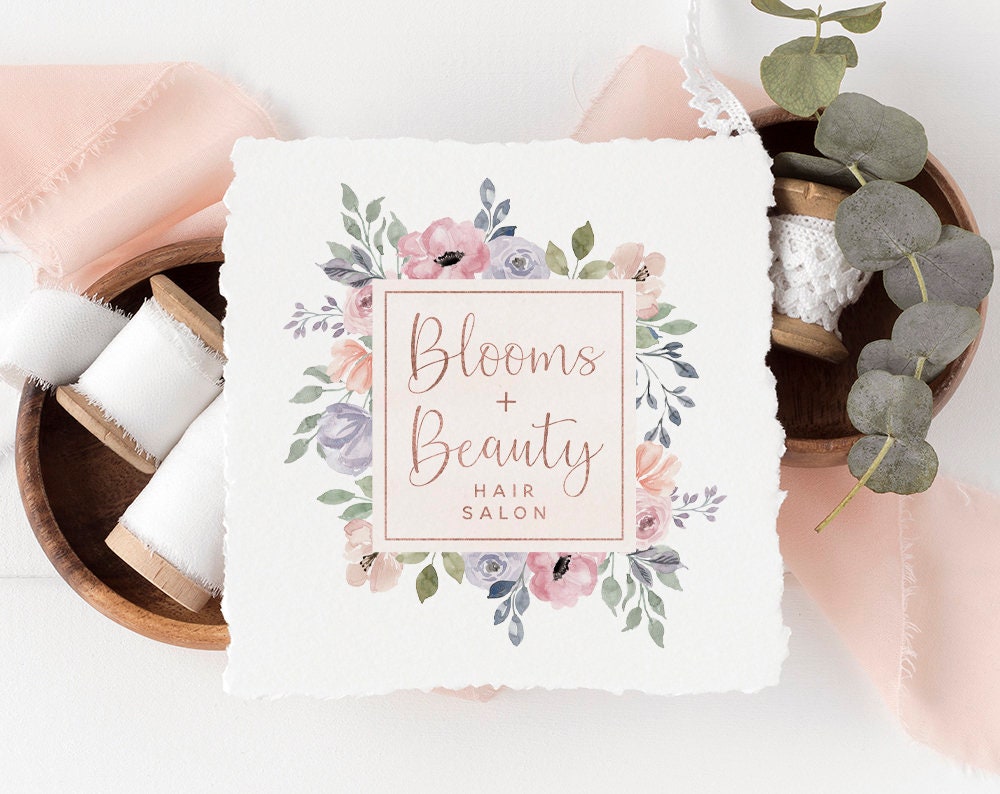 Blooms + Beauty | Premade Logo Design | Romantic, Pastel, Floral, Wreath Frame