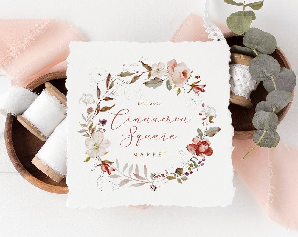 Cinnamon Square | Premade Logo Design | Wreath, Autumn, Floral, Farmhouse, Elegant