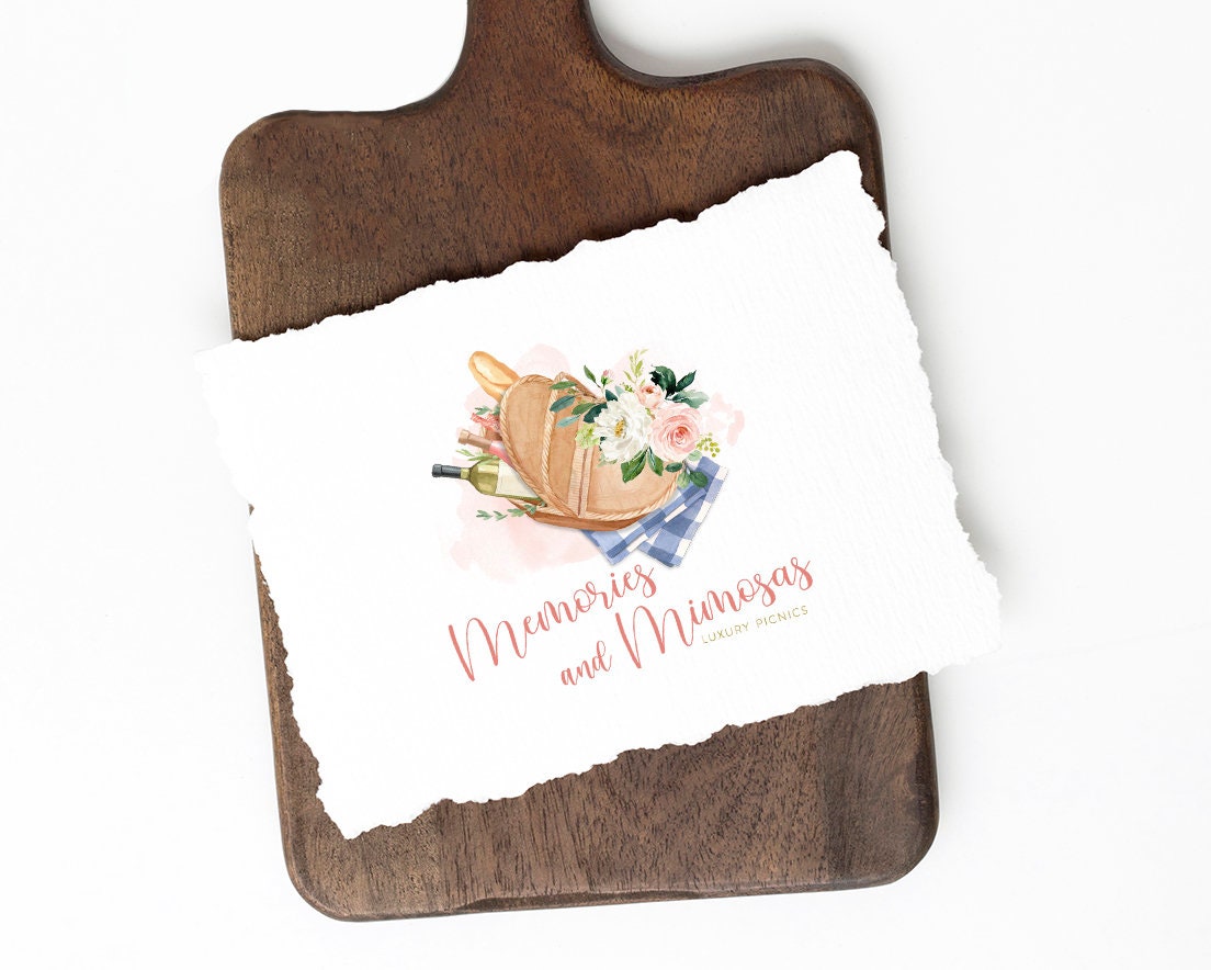 Memories & Mimosas | Premade Logo Design | Picnic, Charcuterie, Baguette, Wine