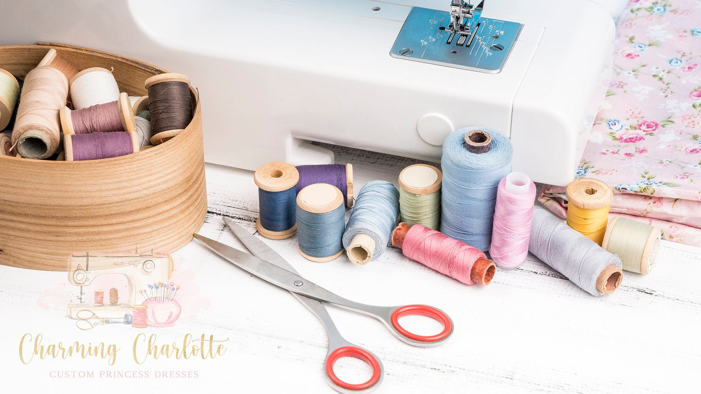 Charming Charlotte | Premade Logo Design | Sewing Machine, Spool, Thread, Needle, Scissors