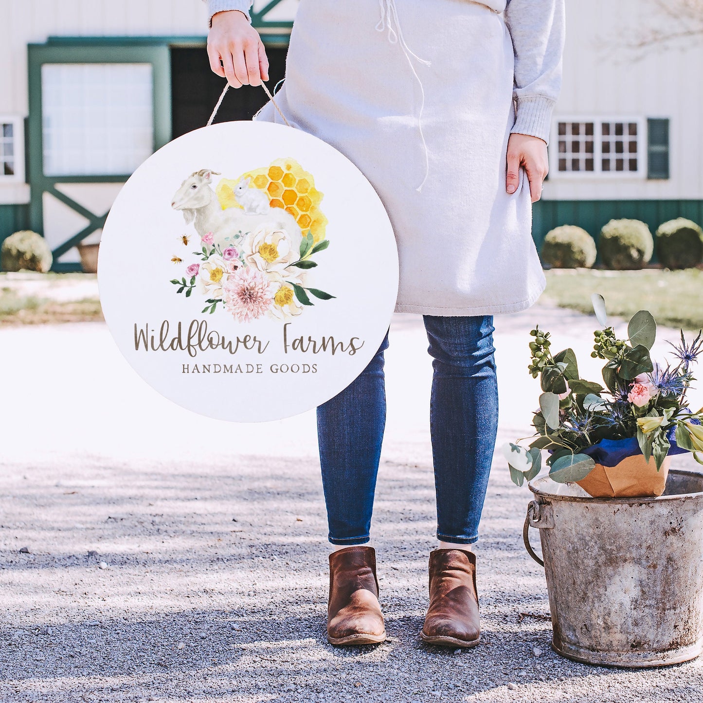 Wildflower Farms | Premade Logo Design | Goat, Bunny Rabbit, Farm, Honey Bee