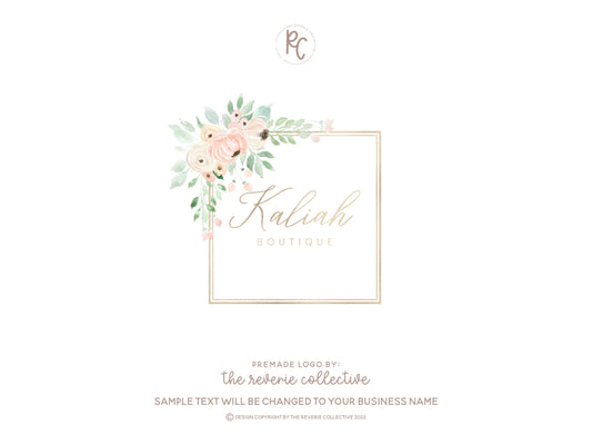 Kaliah Boutique | Premade Logo Design | Watercolor Floral, Gold Foil, Feminine, Pastel