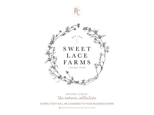 Sweet Lace Farms | Premade Logo Design | Botanical, Rustic, Romantic, Wreath