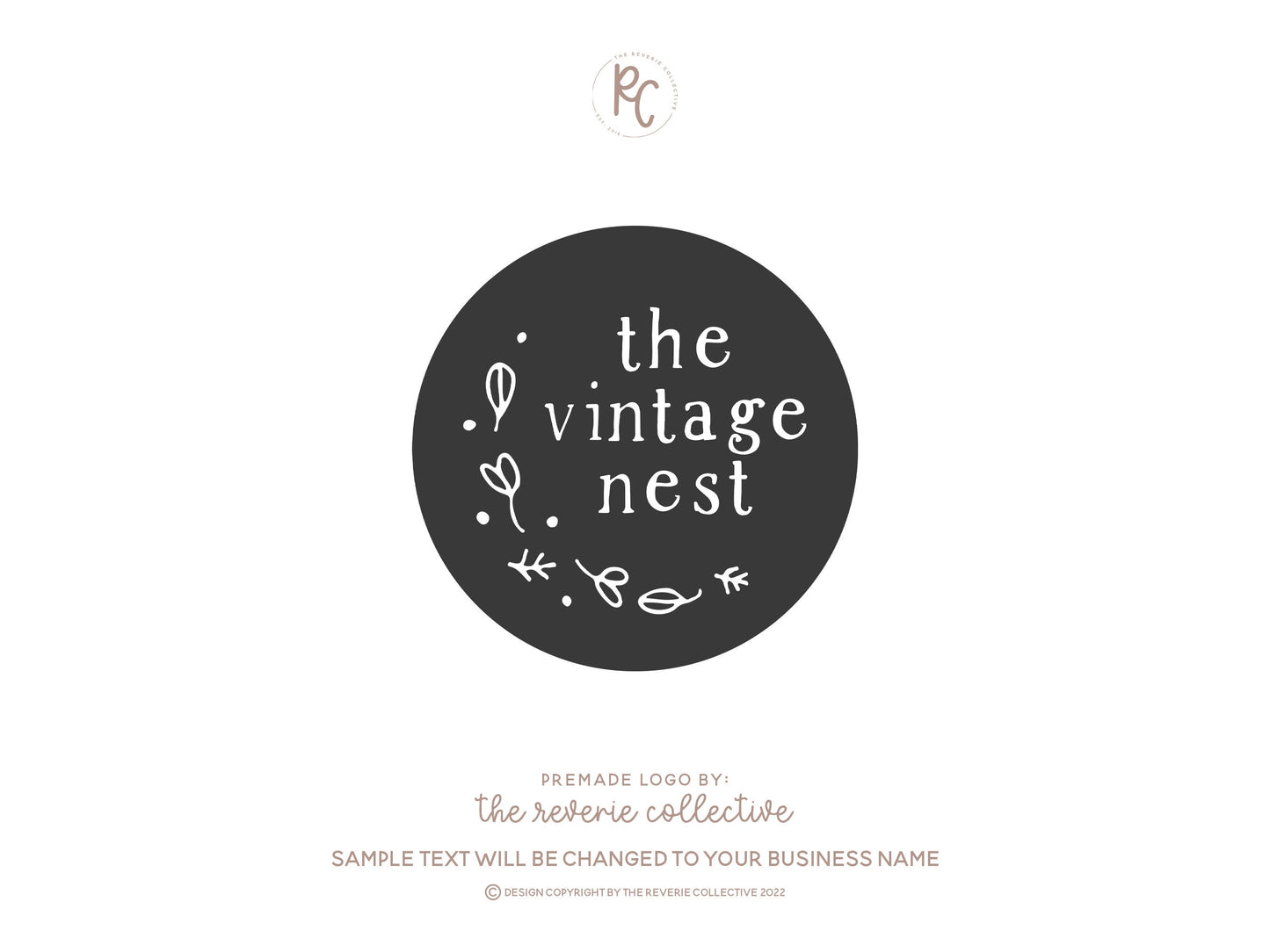 The Vintage Nest | Premade Logo Design | Rustic Floral, Hand Drawn, Black & White