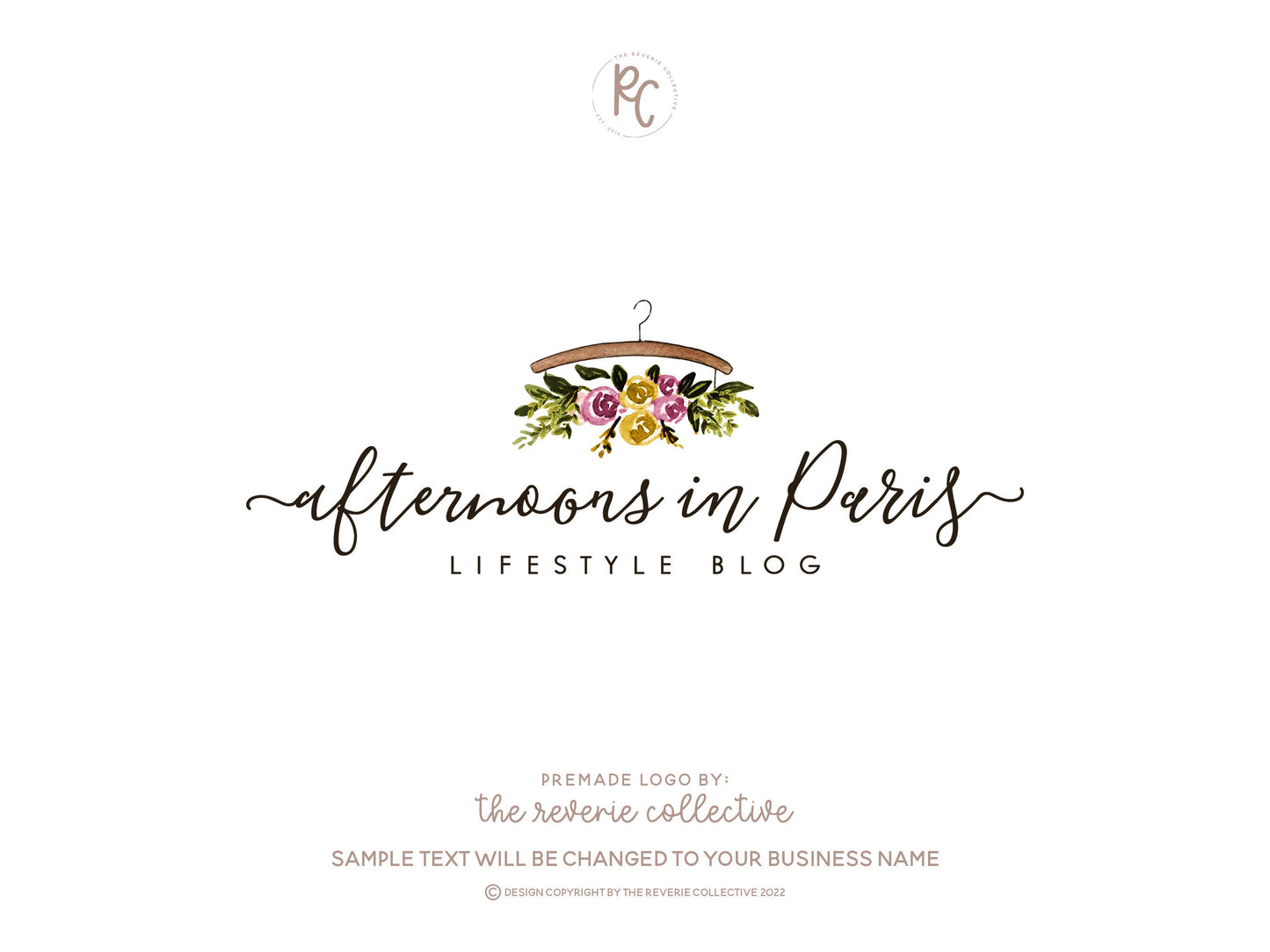 Afternoons In Paris | Premade Logo Design | Clothes Hanger, Floral, Watercolor