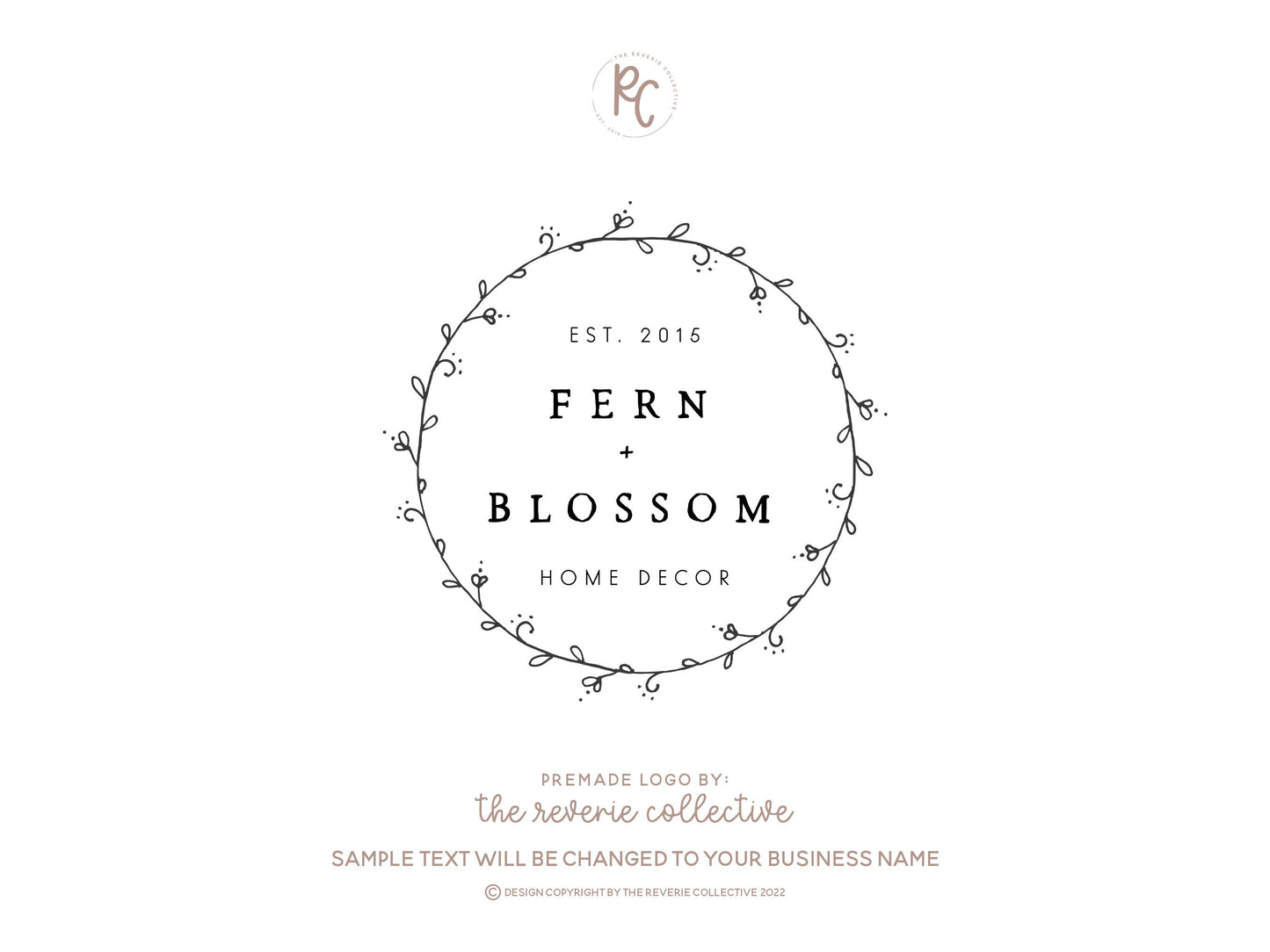 Fern + Blossom | Premade Logo Design | Rustic, Hand Drawn, Wreath, Farmhouse